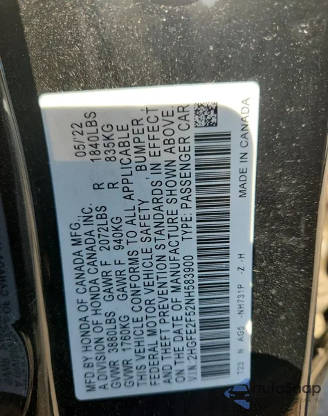 2022 Honda Civic Sport z USA, uszkodzony, nr VIN 2HGFE2F52NH583900